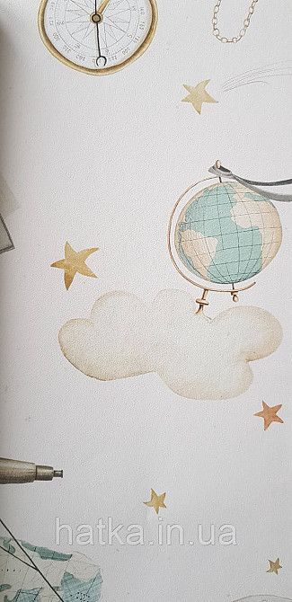 Шпалери флізелінові еко Rasch Kids World II 0.53х10 дитячі карти глобуса компаси літаки зірки на блакитному Київ - фото 1