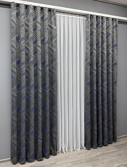 Комплект готовых штор VR-Textil Жаккард Mystery № 1627ш Серый с темно-синим 150х290 см 2 шт (33-0474) Киев - изображение 4
