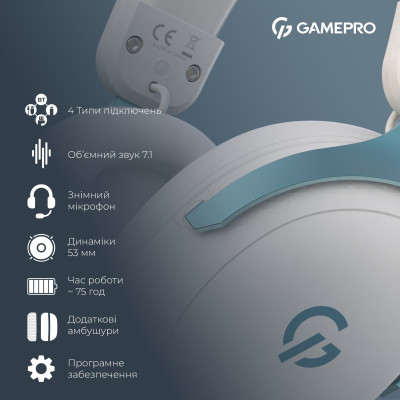 Навушники GamePro Asgard Freya Pro Wireless White/Blue (HSW201WB) Вінниця - фото 7
