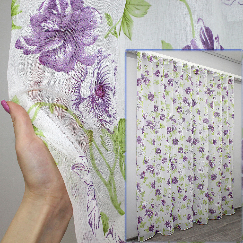 Тюль VR-Textil 1266т Flora Батист Белый с фиолетовым и салатовым 400х270 см (40-050) Киев - изображение 1