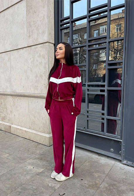 Жіночий стильний повсякденний костюм-двійка велюр спорт Бордо, 44/46 Одеса - фото 1
