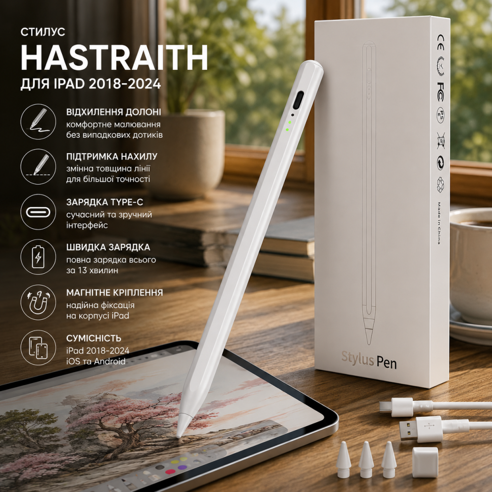 Стилус Hastraith для iPad 2018–2024, распознавание ладони, чувствительность к наклону, Type-C, зарядка 13 мин, белый Киев - изображение 1