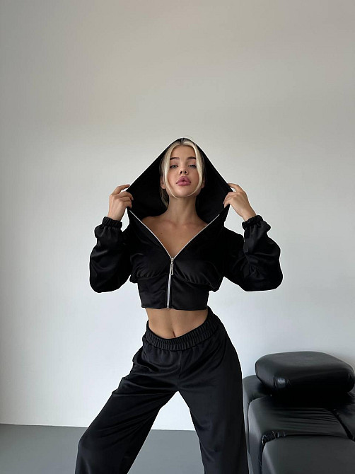 Жіночий стильний прогулянковий костюм-двійка: кофта та штани велюр-плюш Чорний, 42/46 Одеса - фото 7