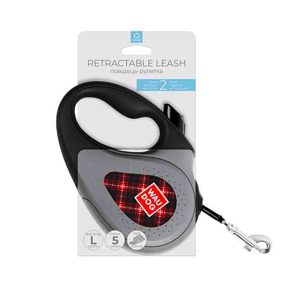 Повідець-рулетка для собак WAUDOG R-leash, малюнок "Шотландка", L, до 50 кг, 5 м, світловідбивна стрічка чорний Вінниця