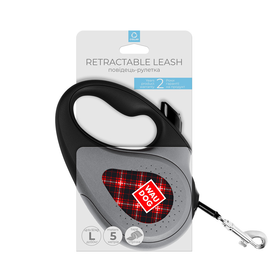 Повідець-рулетка для собак WAUDOG R-leash, малюнок "Шотландка", L, до 50 кг, 5 м, світловідбивна стрічка чорний Вінниця - фото 4