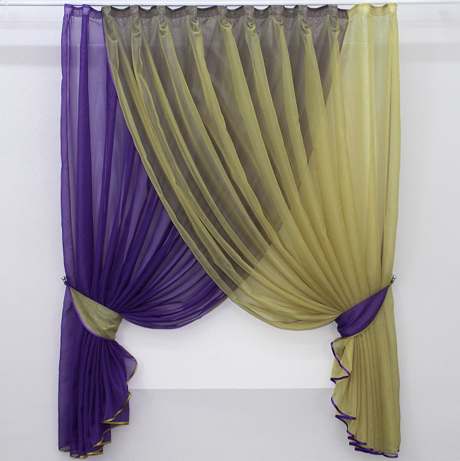 Кухонні шторки VR-Textil № 060к "Дует" з підв'язками фіолетовий з темно-бежевим 330х170 см (50-234) Київ - фото 1