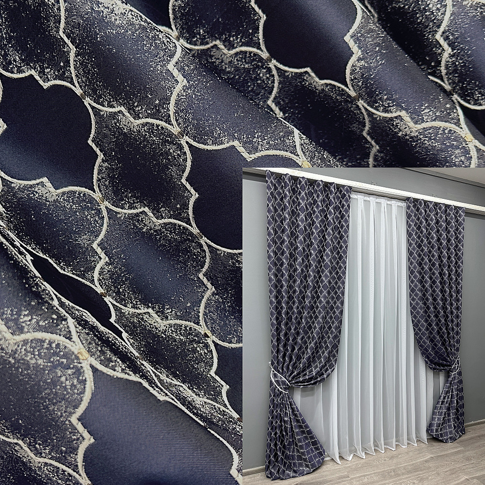 Комплект готових штор VR-Textil Жакард SAPFIR № 1751ш Темно-синій з молочним 150х300 см 2 шт (33-0715) Київ - фото 1