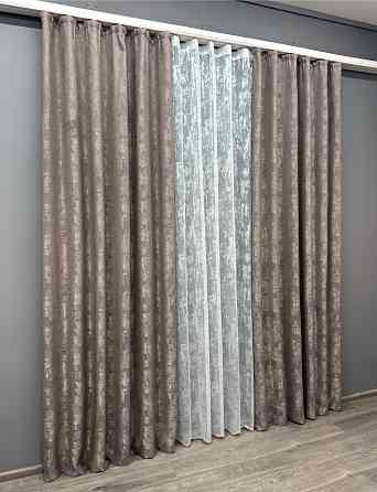 Комплект штор VR-Textil Жакард Мармур 150х270 2шт і Тюль 500х270 1669ш-1400т Какао з білим 71-008/4 Київ