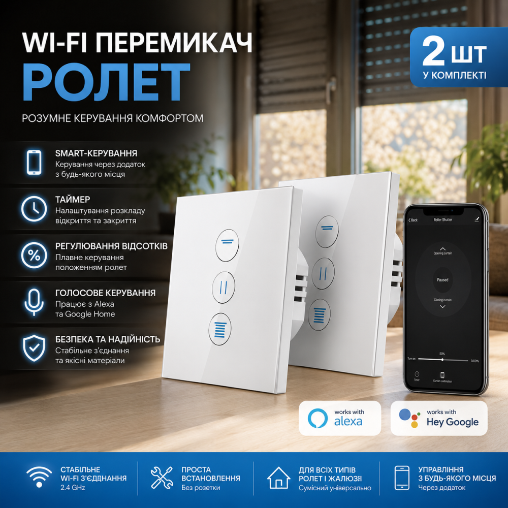 Wi-Fi переключатель ролет CurryCurry (2 шт), Smart-управление, таймер и регулировка процентов, совместимость с Alexa/Google Home Киев - изображение 1