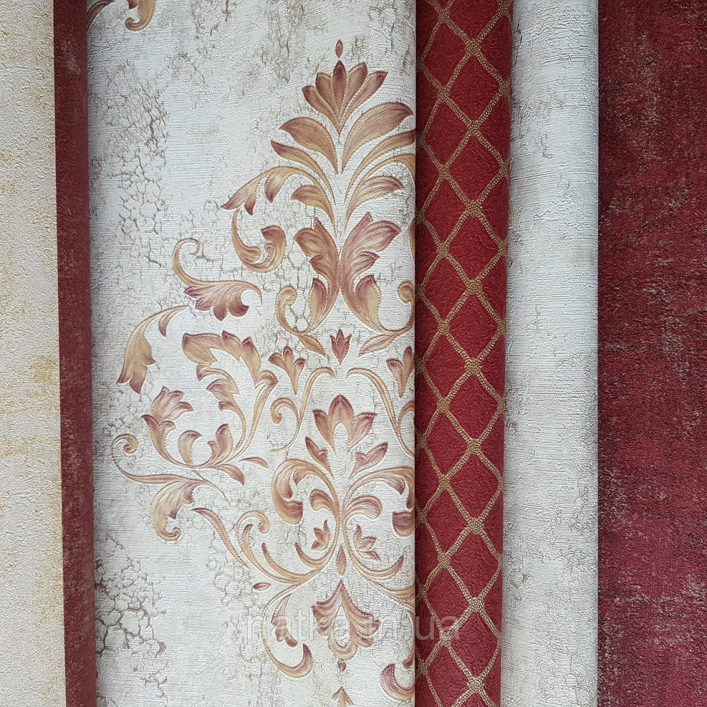 Обои метровые винил на флизелине Decowall Retro вензеля золотом с бордо структурные на бежевом под старину Киев - изображение 2