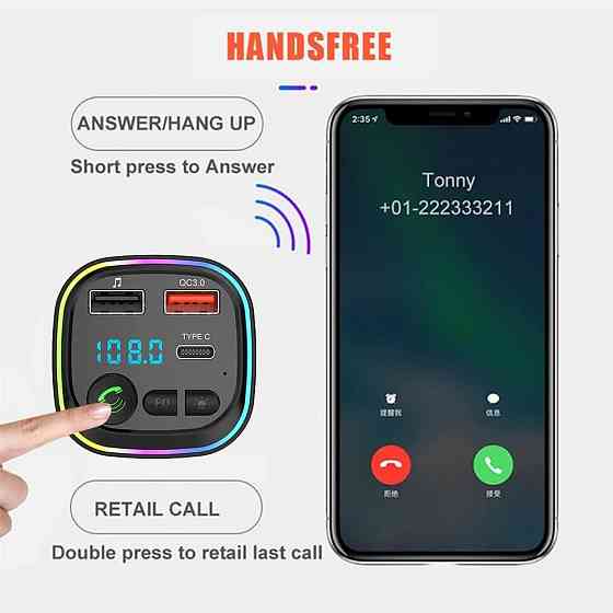 FM Трансмітер BT-FM01 Чорний Bluetooth 5.0 Hands-Free 2xUSB (QC3.0) Type-C PD30W TF/USB MP3 RGB Авто модулятор Київ