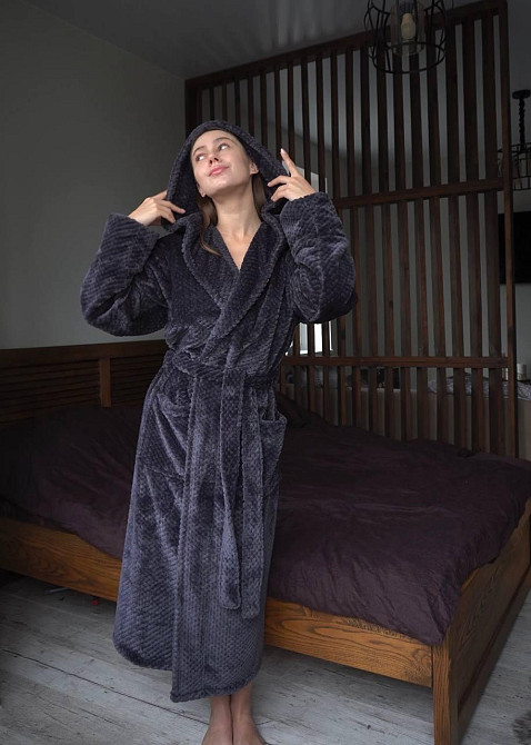 Жіночий махровий халат із капюшоном Графіт, XL/2XL Харків - фото 1