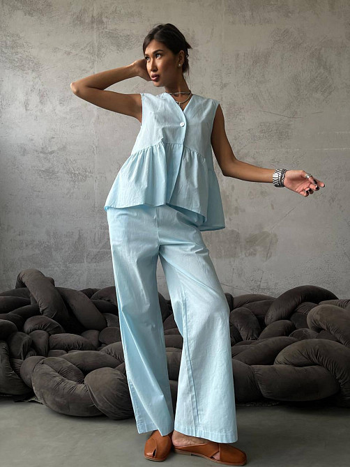 Женский стильный повседневный костюм из натуральной ткани-коттона. Голубой, 42/44 Одесса - изображение 1