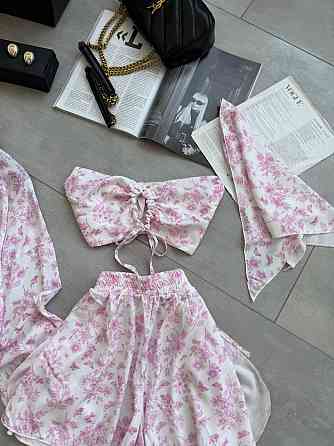 Жіночий літній принтований костюм четвірка: хустка, кроп-топ, сорочка та шорти штапель/софт Рожевий Одеса