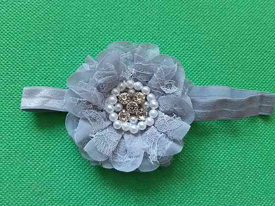 Детская повязка с жемчугом серая - размер цветка 8см, размер универсальный (на резинке) Киев