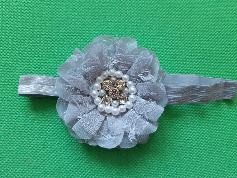Детская повязка с жемчугом серая - размер цветка 8см, размер универсальный (на резинке) Киев - изображение 1