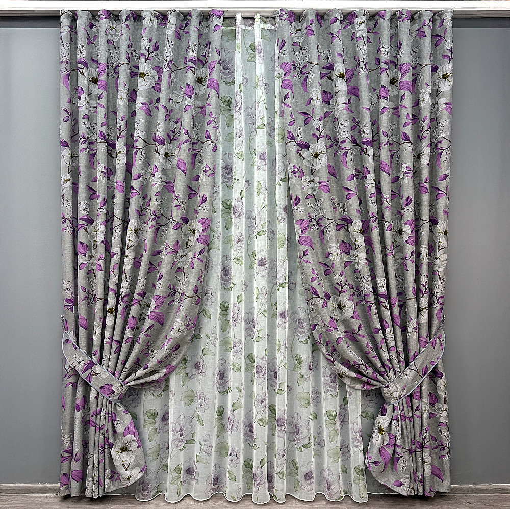 Комплект штор VR-Textil Лен Прованс 200х265 2шт и Тюль 600х265 1820ш-1367т Серый с фиолетовым и белым 71-108/7 Киев - изображение 1