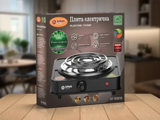 Електроплита настільна BITEK BT-9085B на 1 спіраль 1000Вт, чорна, механічне керування Одеса