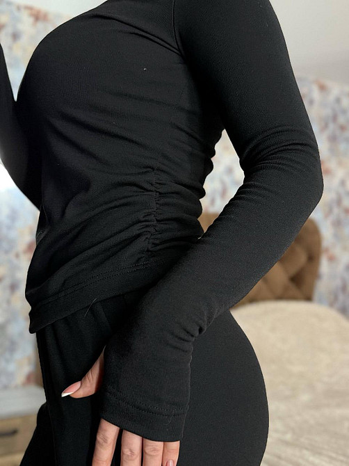 Жіночий теплий базовий костюм-двійка: лонгслів і штани джерсі на флісі Чорний, 46/48 Одеса - фото 5