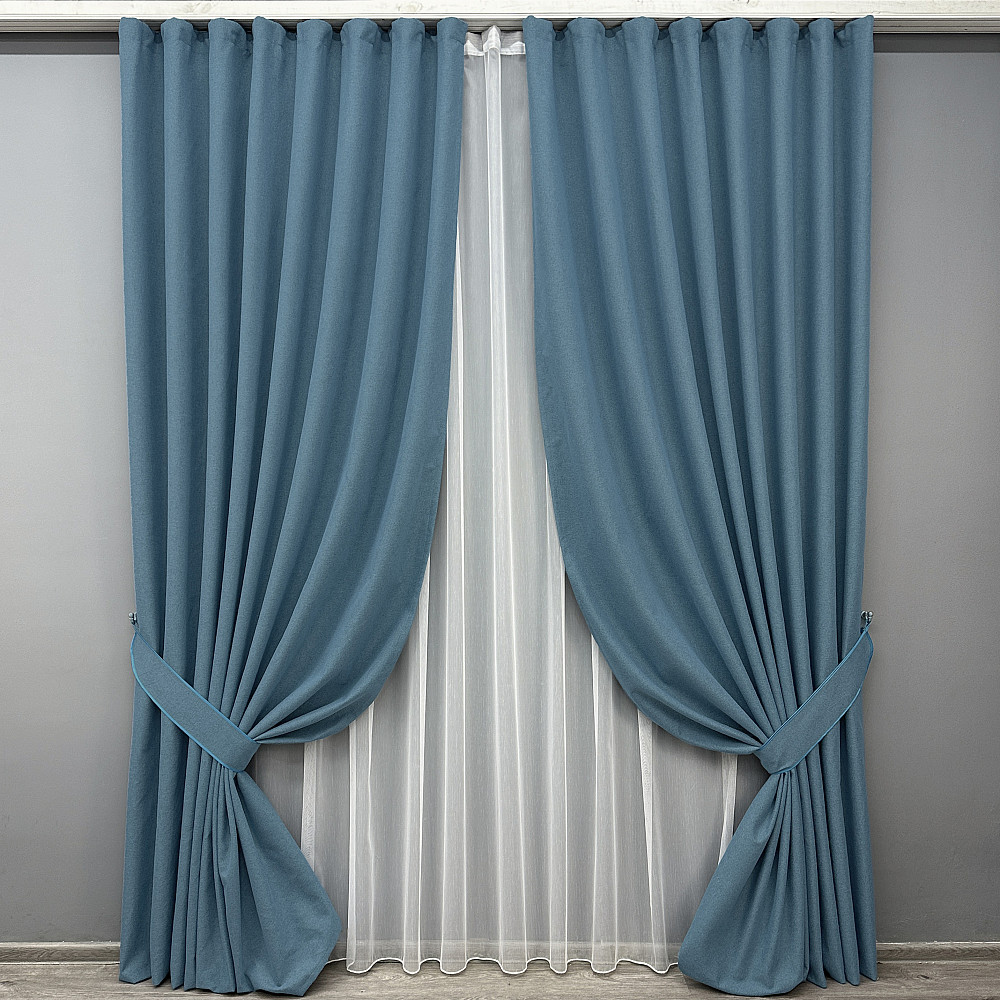 Комплект штор VR-Textil 100% блекаут ASHEN NIGHT 100х270 2шт і Тюль 300х270 1852ш-1153т синій з білим 71-093/1 Київ - фото 1