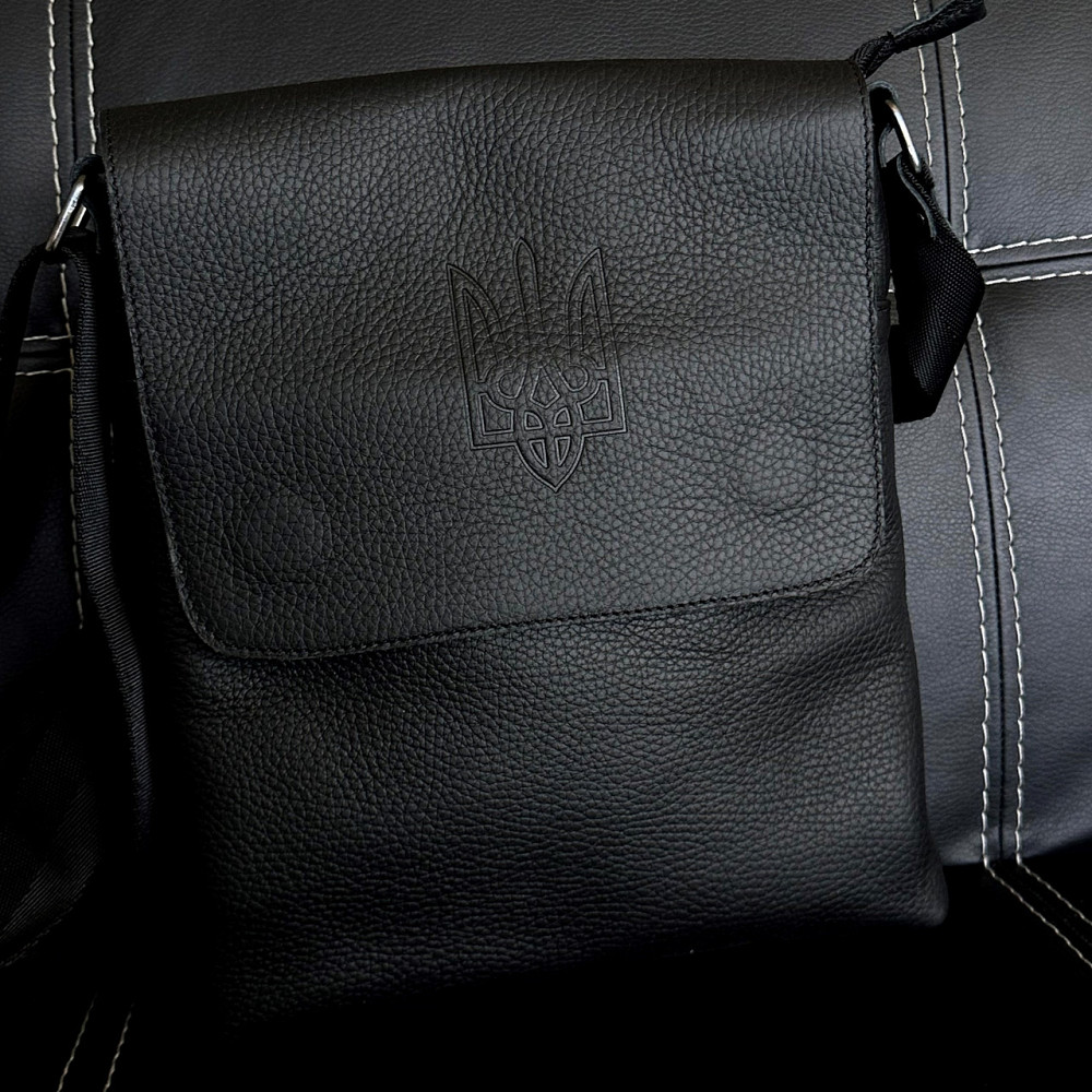 Сумка черная через плечо мужская с тиснением Герб,  сумка мессенджер мужская 24*23 см с широким Киев - изображение 3