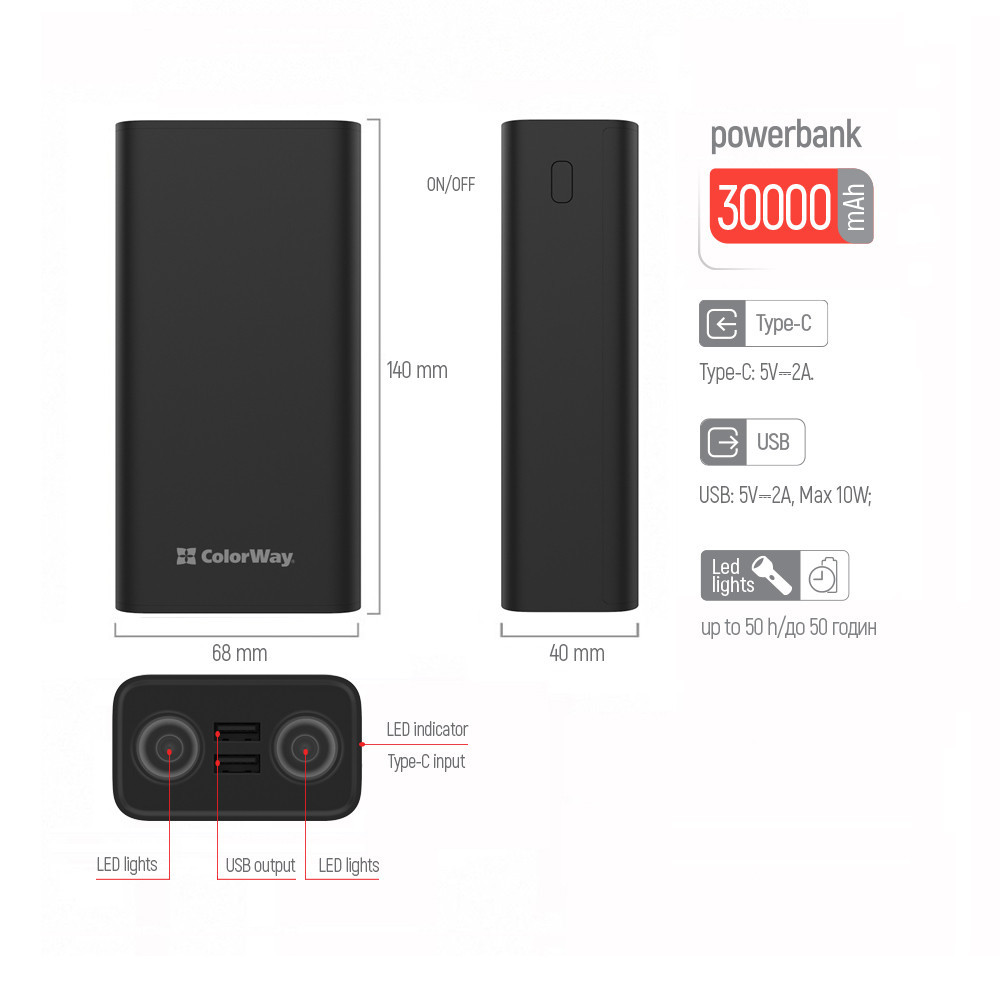 Павербанк 30000mAh ColorWay CW-PB300LPB3BK-F з ліхтариком чорний Житомир - изображение 10