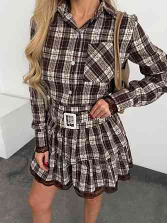 Женский стильный костюм двойка: рубашка и юбка с кружевом фланель Шоколад, 42/44 Одесса