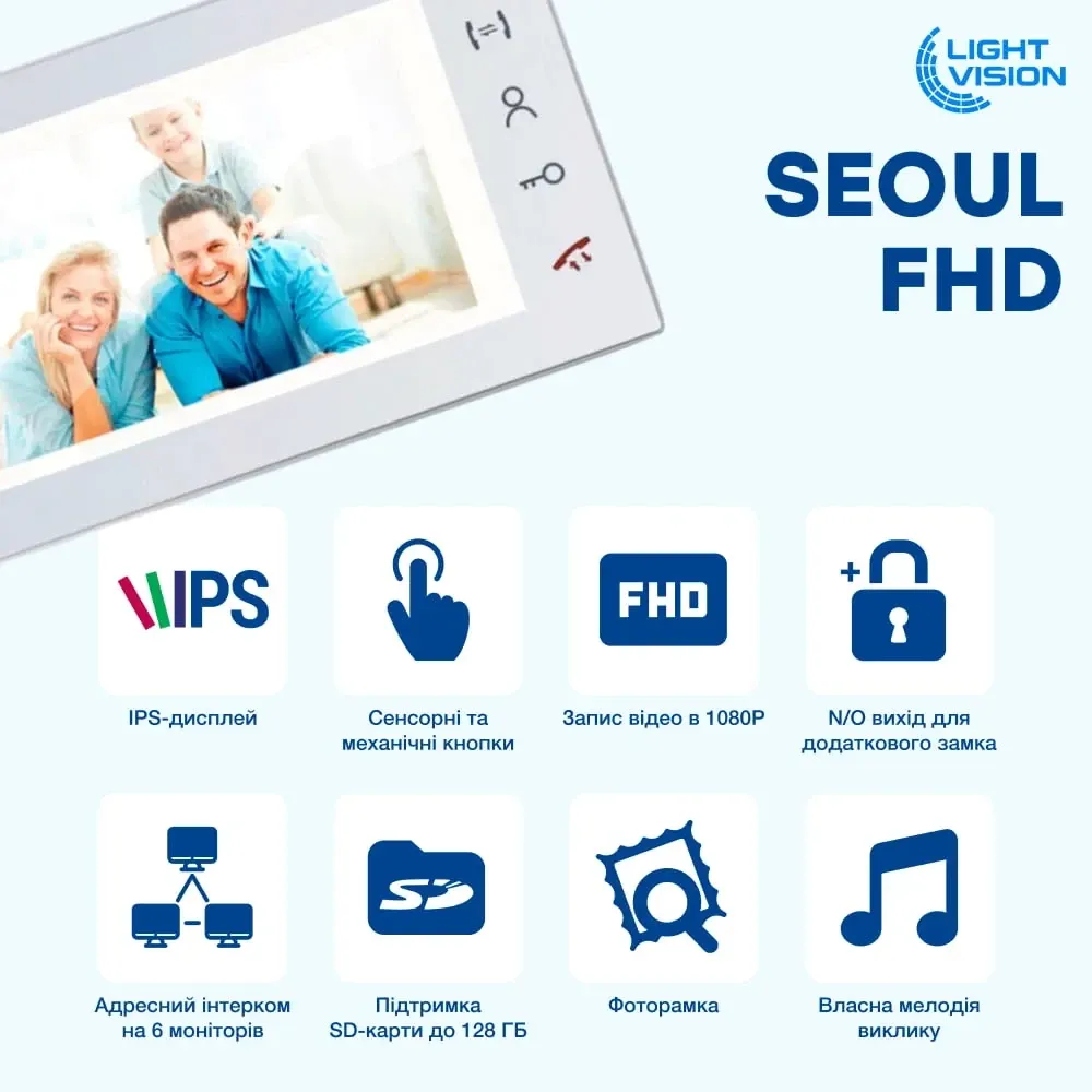Комплект відеодомофона Light Vision: відеодомофон 7" SEOUL та відеопанель 2Mp White (82-00232-82-00242) Київ - фото 8