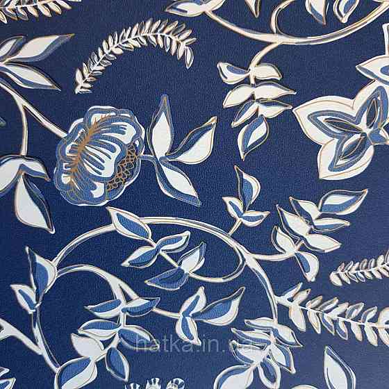 Шпалери вінілові на флізелін Caselio Mystery 0.53х10 м дитячі яскраві блакитні квіти білі слони золотом на Київ