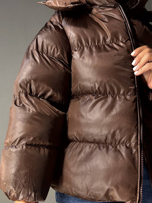 Куртка женская Lady Yep 10041 глянцевая пуффер оверсайз с капюшоном коричневая, коричневый, 42 Киев - изображение 19