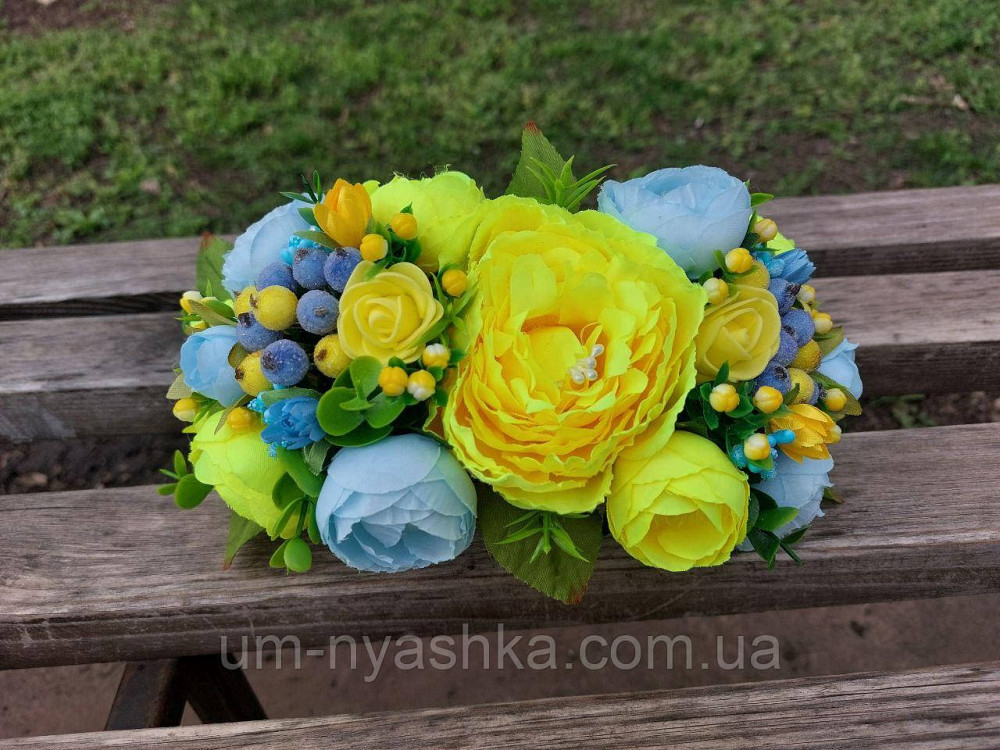 Ободок обруч з квітами "Піони великий жовто-блакитний" Кривий Ріг - фото 1