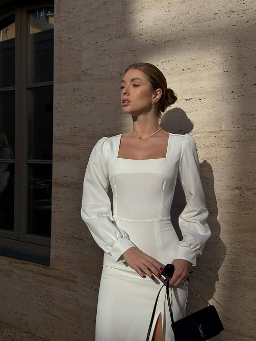 Жіноче вечірнє елегантне мідіплаття з розрізом костюмка класу люкс Молочний, 40/42 Одеса - фото 4