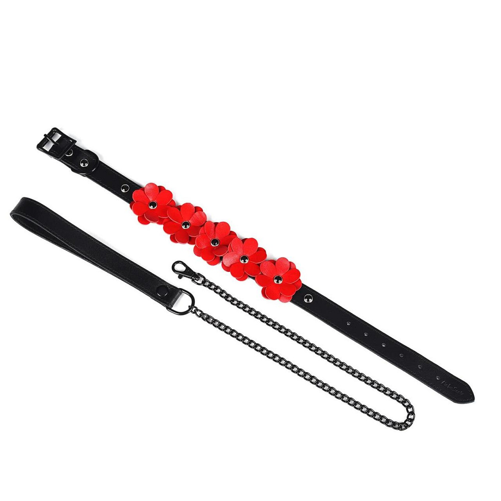 Ошейник с поводком Liebe Seele Flower Rhythm - Black and Red Leather Flowers collar with Leash Sex Aura Киев - изображение 2