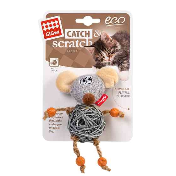 Игрушка для кошек Мышка с колокольчиком GiGwi Catch&scratch, текстиль, веревка, ротанг, 8 см Киев