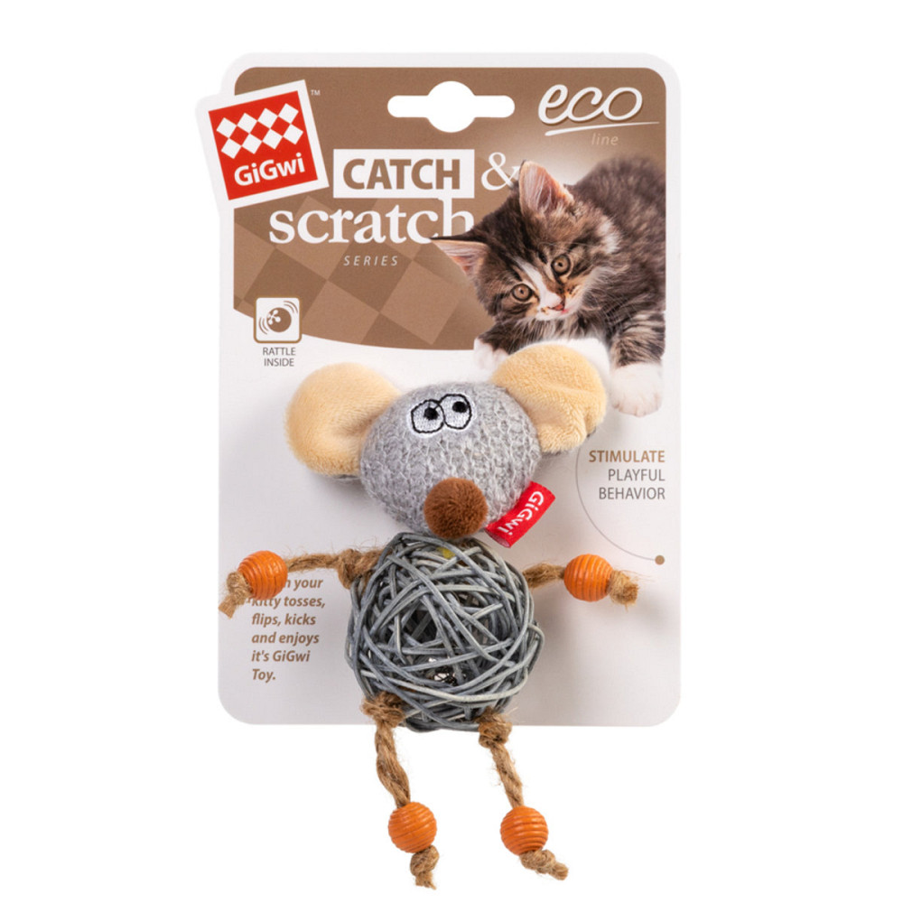 Игрушка для кошек Мышка с колокольчиком GiGwi Catch&scratch, текстиль, веревка, ротанг, 8 см Киев - изображение 2