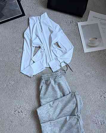 Женский стильный повседневный костюм двойка двунить Бело-серый Одесса