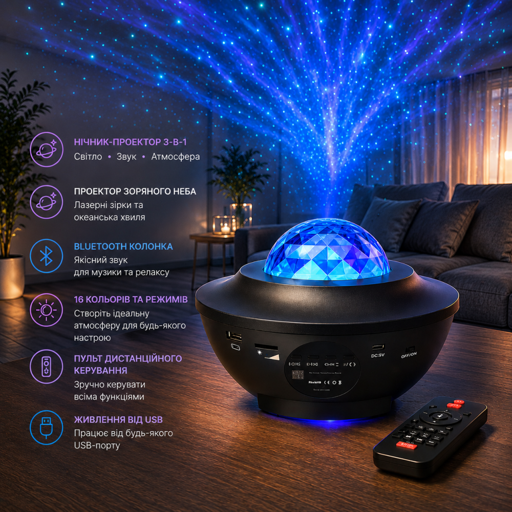 Нічник-проектор зоряного неба Galaxy 3-в-1, LED-проектор з Bluetooth-колонкою, лазерними зірками, океанською хвилею та пультом ДК, Київ - фото 16