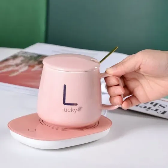 Чашка керамічна на підставці з підігрівом у подарунковій упаковці, в комплекті ложка та кабель, Рожева Одеса