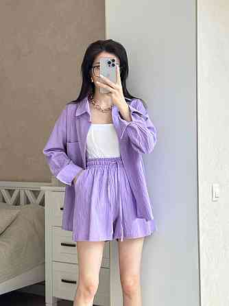 Жіночий літній костюм-двійка: сорочка та шорти турецький льон жатка Бузок, 42/44 Одеса