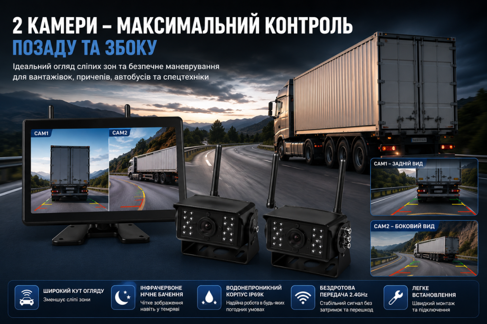 Бездротова система паркування GREENAUTO: 11" IPS монітор + камера 1080P FHD 170°, IP69K, ІЧ-нічне бачення Київ - фото 5