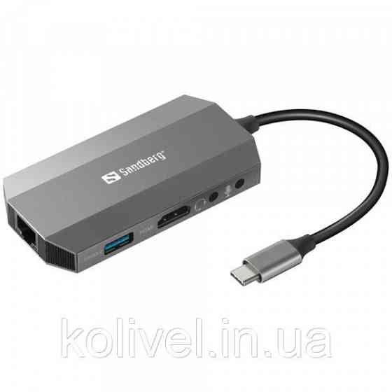 Док-станція USB3.1 Type-C --> HDMI/USB 3.0x2/RJ45/SD/TF/PD 100W 6in1 Sandberg (136-33) Київ