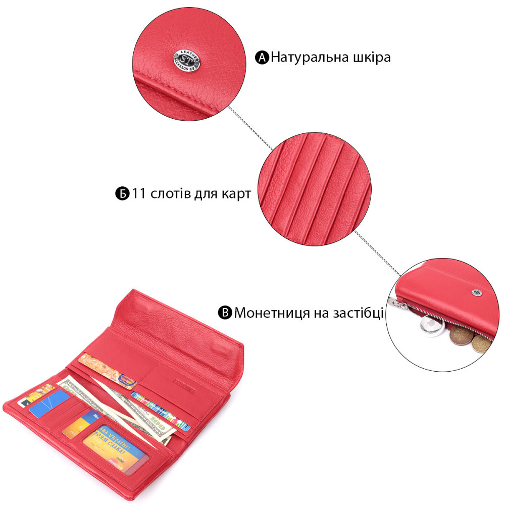 Портмоне для женщин с блоком для карт из натуральной кожи Красный (ST Leather) Киев - изображение 8