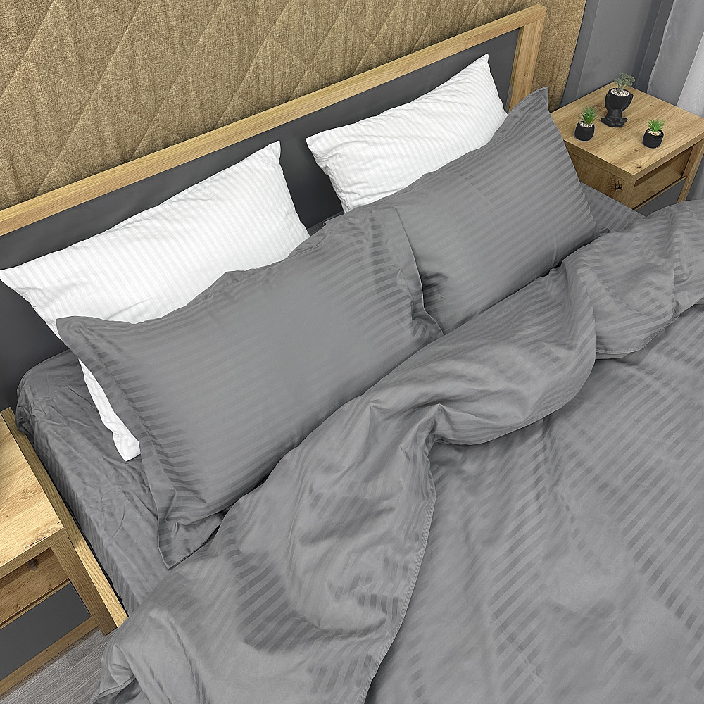 Комплект постільної білизни Страйп-сатин Полуторний з простирадлом на резинці 140х200х25, підковдра 150х220, 2 наволочки 70х70 Сірий (88-213) Київ - фото 1