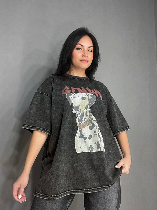 Футболка жіноча E-F 8089 варена тай дай оверсайз з малюнком собаки далматинець темно сіра, темно-сірий, 48 Київ - фото 10