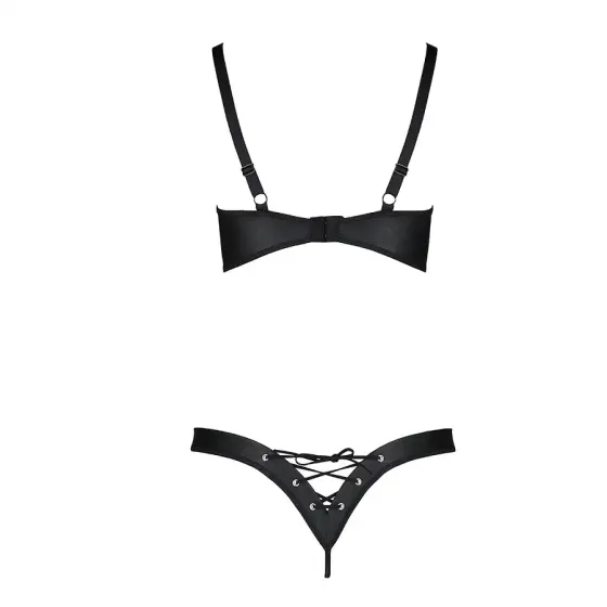 Комплект Passion CELINE BIKINI 2XL/3XL black відкритий бра з стрічками стрінги з шнурівкою, екошкіра Львів