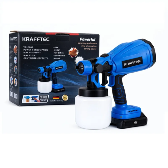 Аккумуляторный краскопульт Krafftec 48V с регулировкой распыла, 2 АКБ, бак 800 мл Одесса
