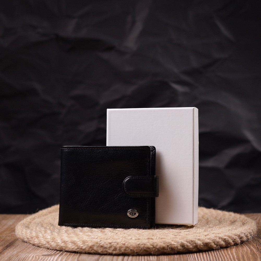 Чоловічий гаманець з натуральної гладкої шкіри у два додавання Чорний (ST Leather) Київ - фото 4