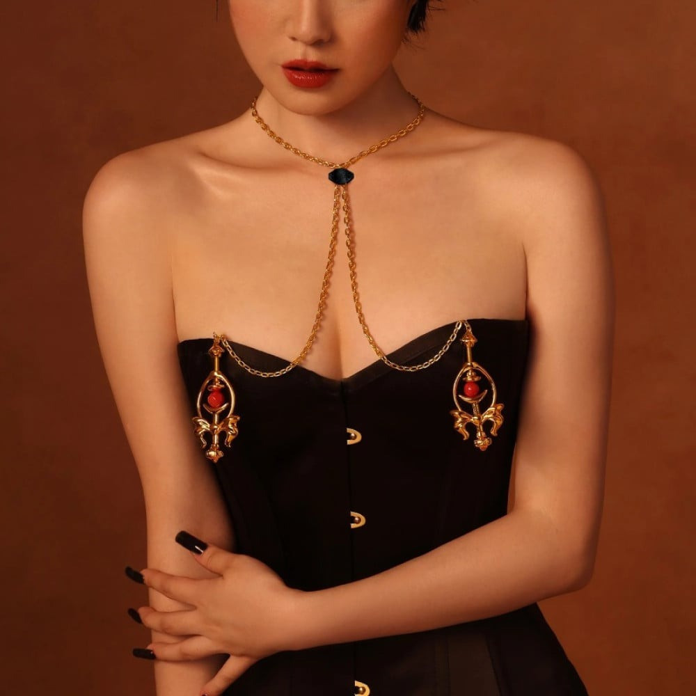 Зажимы для сосков UPKO Pulling Chain Nipple Clamps с цепочкой-ожерельем, золотистые Sex Aura Киев - изображение 5