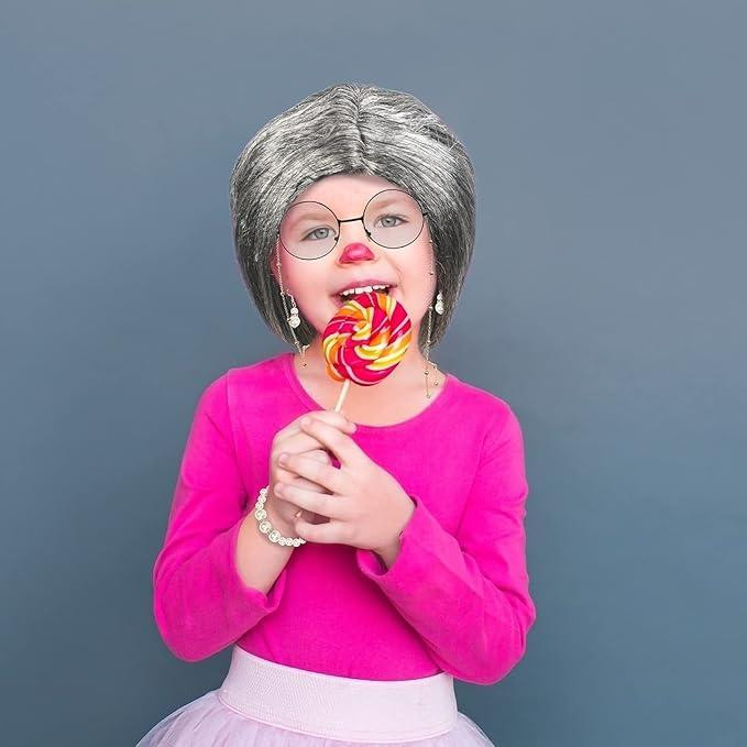 Парик седой бабушки с гулькой, комплект для образа старой леди с очками, бусами, серьгами для выступов косплея Киев - изображение 4