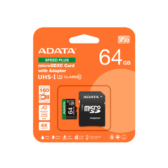 Карта пам'яті microSDXC (UHS-1 U3) A-DATA SPEED PLUS 64Gb Class 10 V30 A2 (R-160Mb/s W140Mb/s) (adapter SD) Одеса